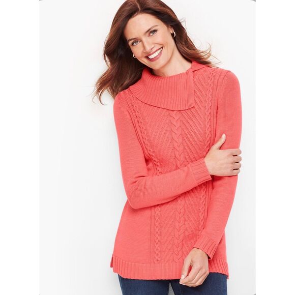 Talbots Coral Cable Knit Split Cowlneck Cotton Sweater Size M - Picture 2 of 8